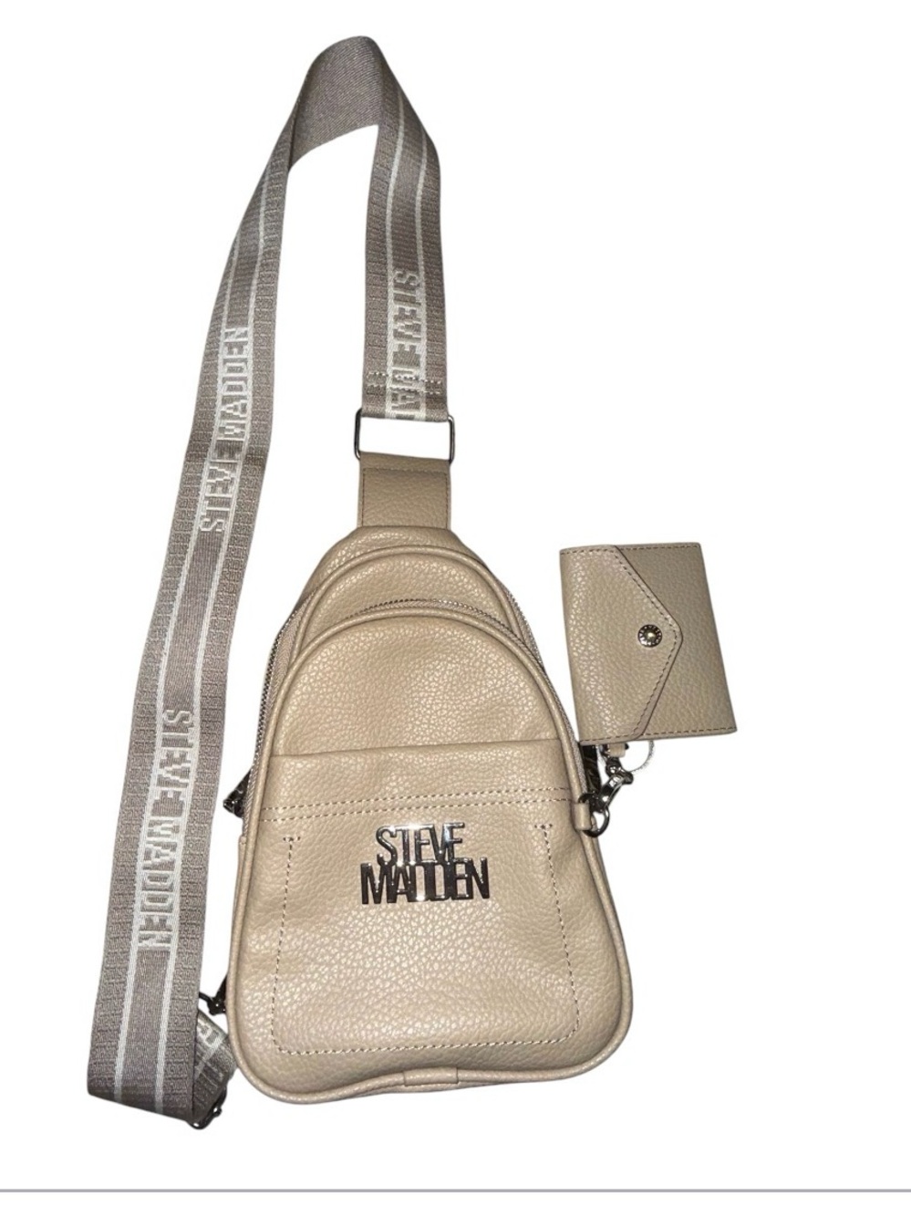 Steve Madden Beige Sling Bag Gold Tone Accents with Adjustable wide Strap